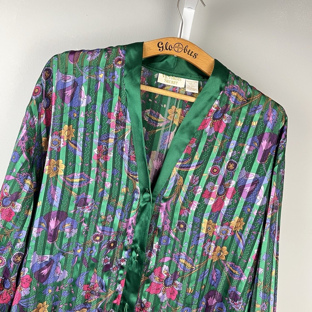 Vintage Victoria's Secret Pajama Top Womens L Green Satin‎ Floral Gold Label